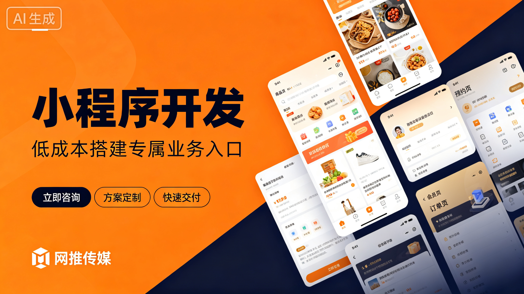 小程序开发服务宣传图，展示手机小程序界面