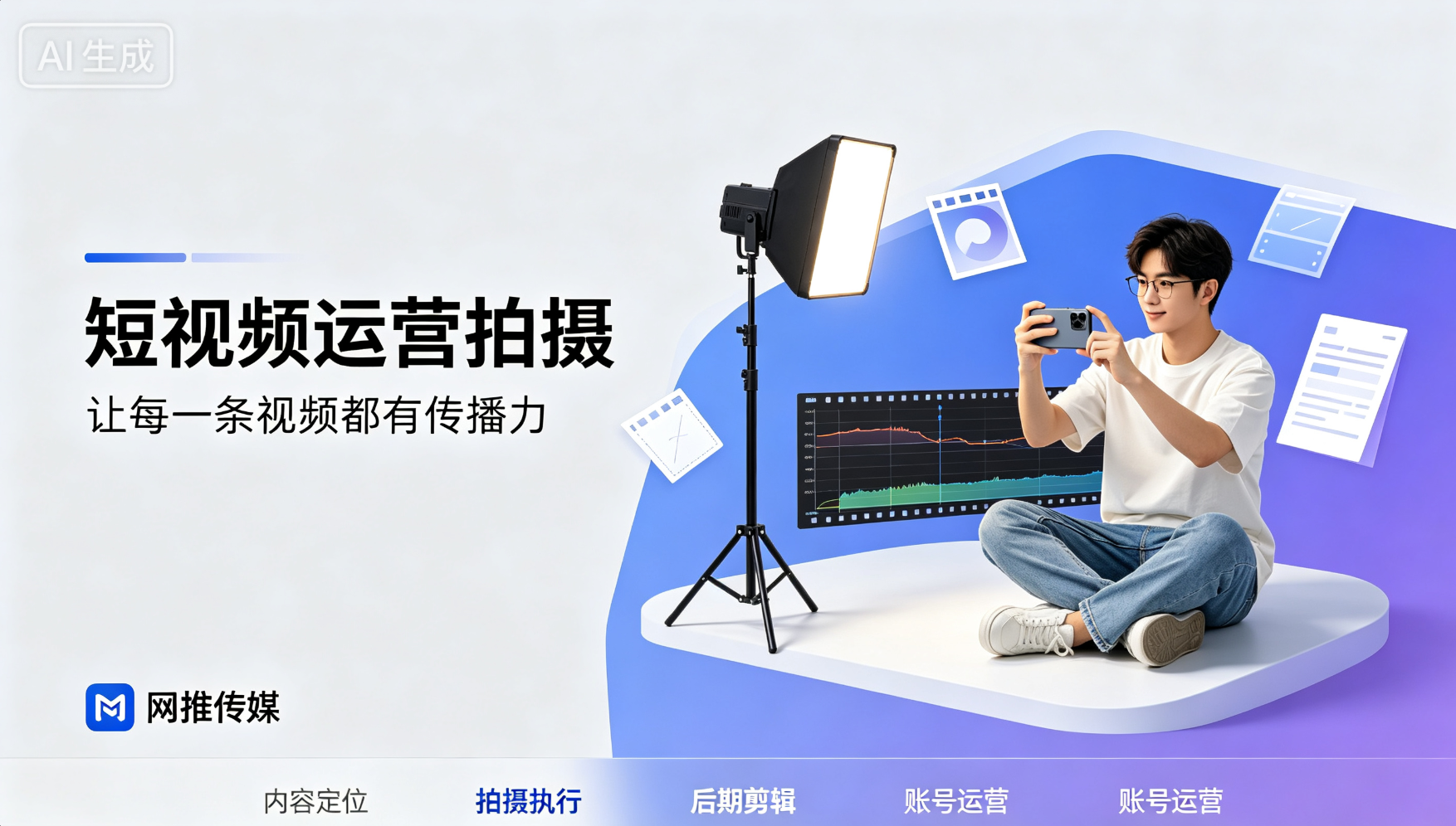 短视频运营服务宣传图，展示视频拍摄与剪辑场景